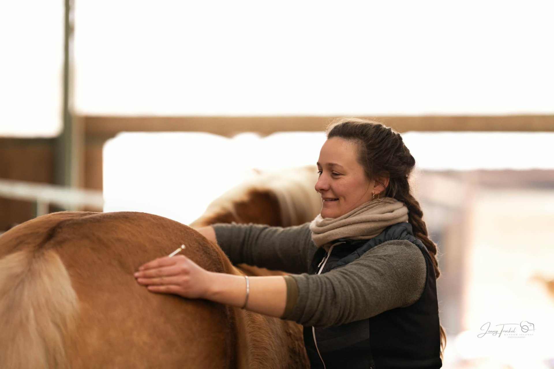 Merle-Sophie Drescher mit der Hand am Rücken eines Haflingers
